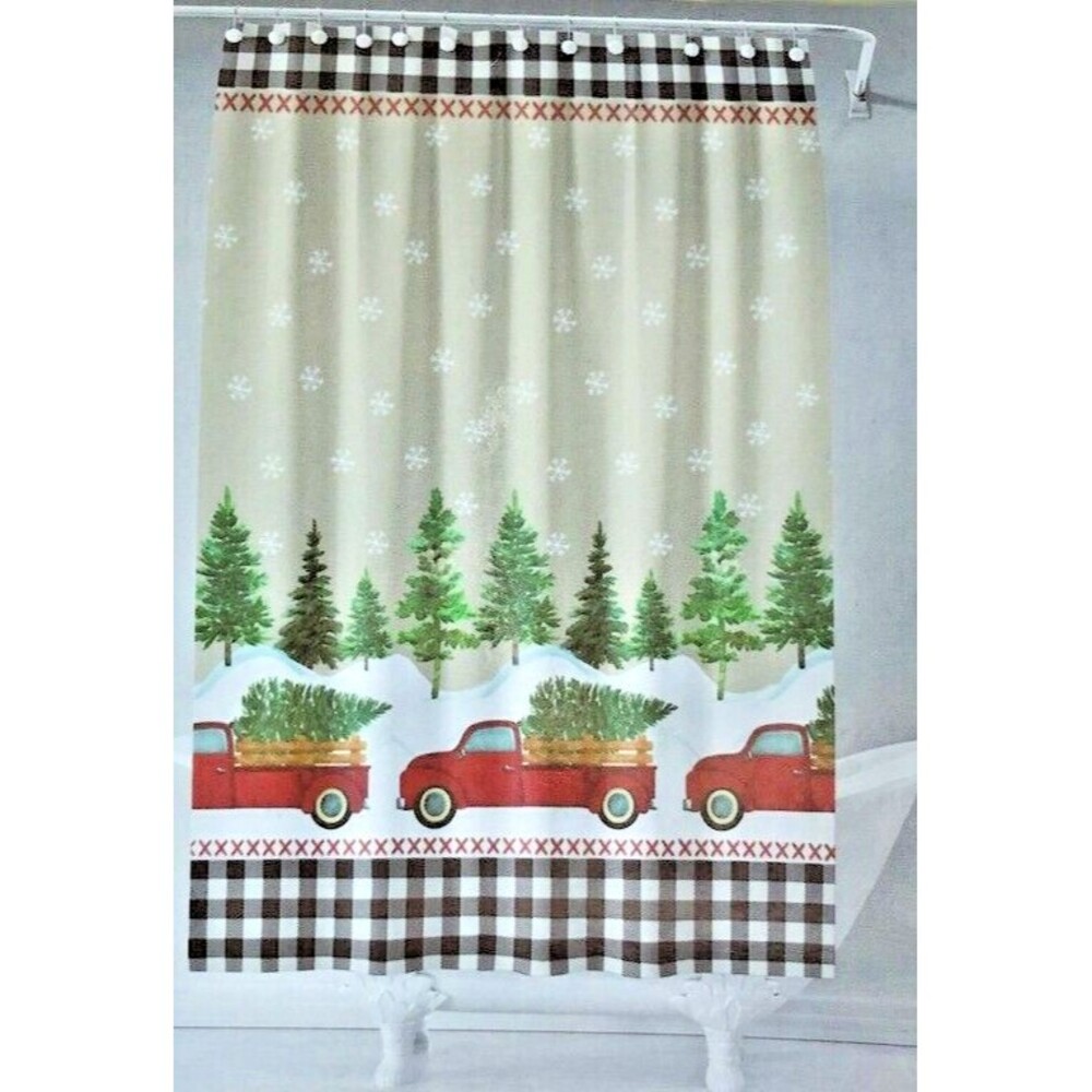 Avanti Christmas Red Farm Truck Fabric Shower Curtain Holiday Buffalo Check